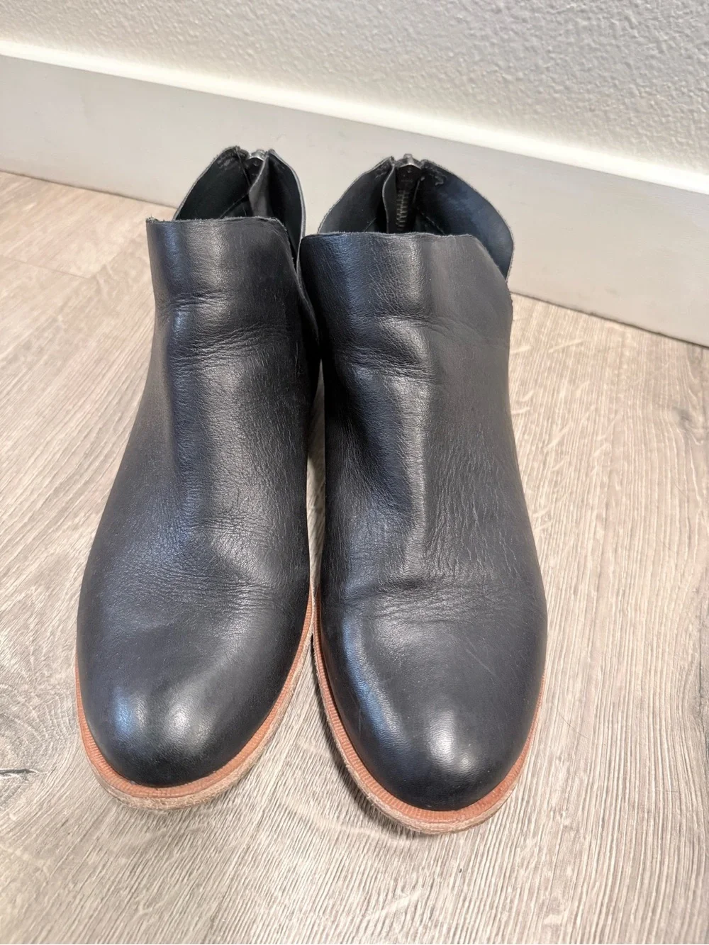 Kork-Ease Black Leather Side-Cut Ankle Booties with Wood Heel